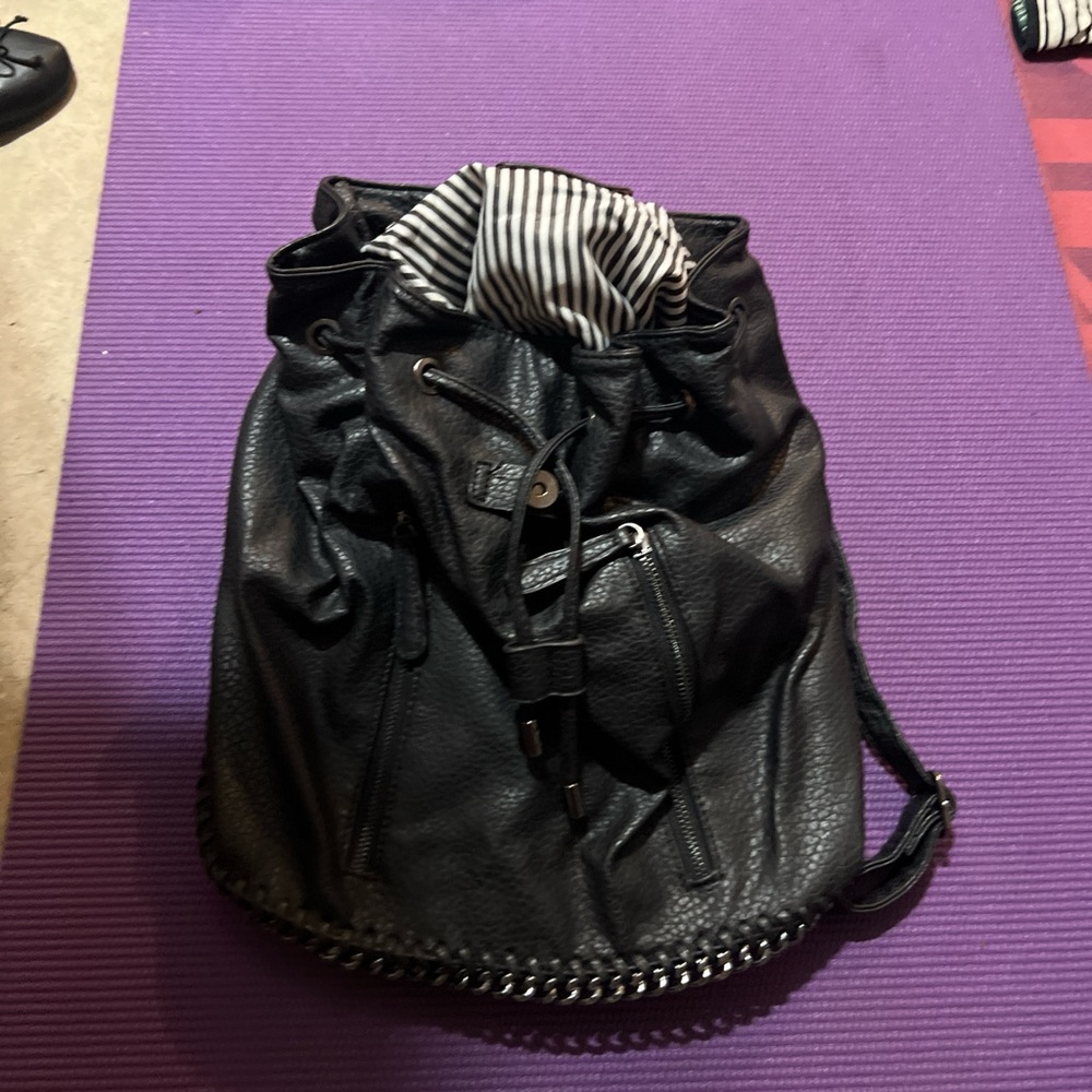 Expression NYC Black Leather Drawstring Backpack